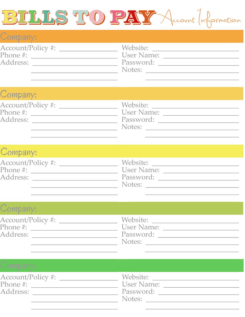 Printable Monthly Bill List